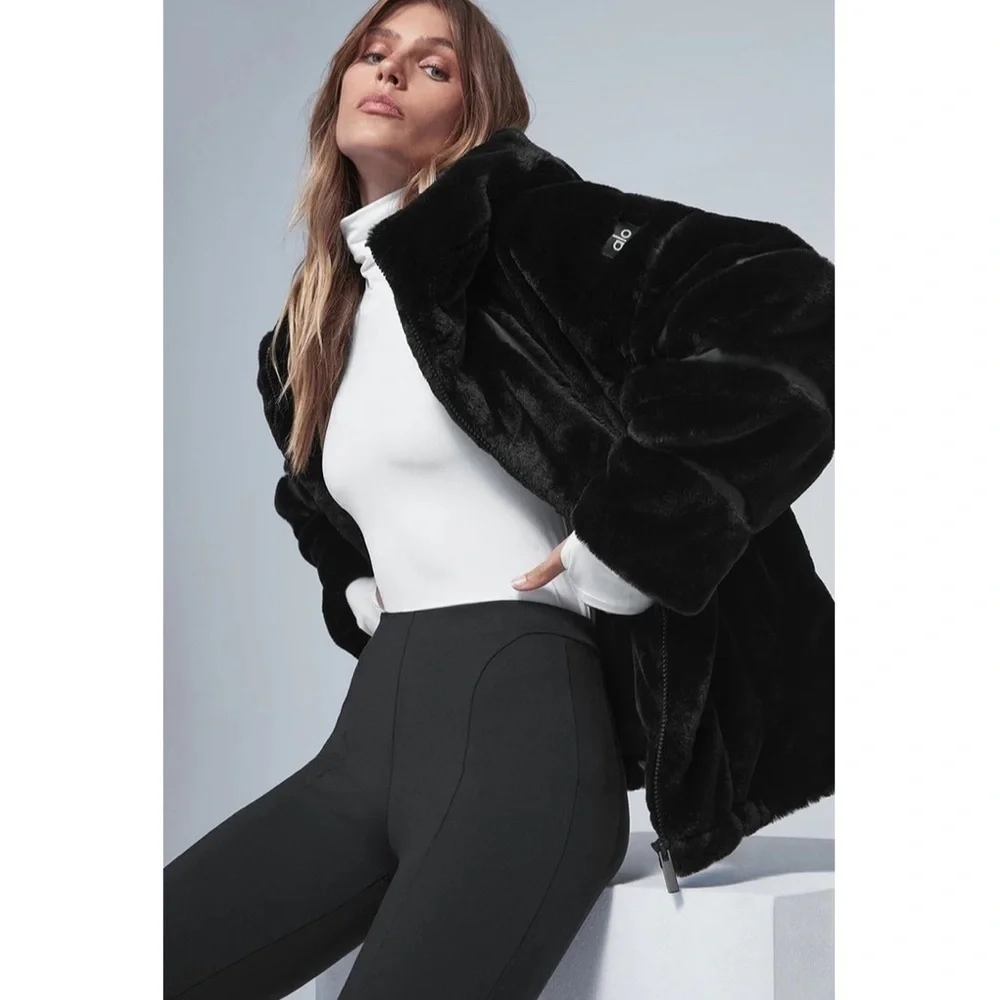 ALO Yoga Knock Out Faux Fur and Leather Hooded Oversized Jacket Coat Black
